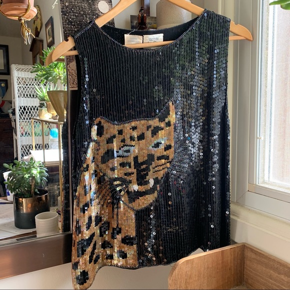 Vintage Tops - Vintage Handmade Sequin & Beaded Leopard Silk Top size Medium